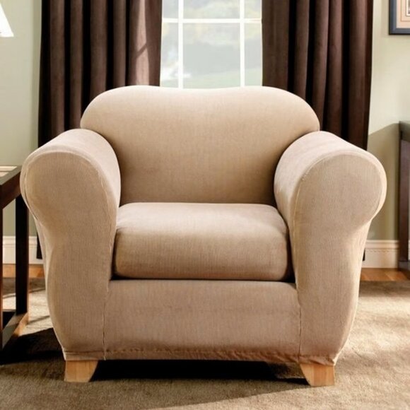 Sure Fit Stretch Stripe Chair Slipcover Box Cushion Sand Beige 2pc NEW - Picture 1 of 7